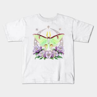 Nighttime Moth - Luna Moth with Purple Daturas on Indigo Kids T-Shirt